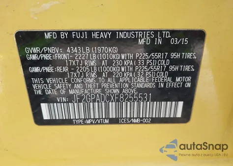 2015 Subaru Xv Crosstrek 2.0I Premium z USA, uszkodzony, nr VIN JF2GPADCXF8255531